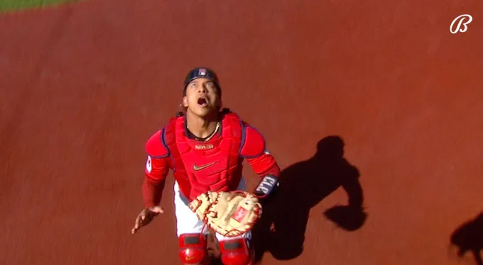 A catcher stares up at the sky, mouth agape, holding his glove in front of him.