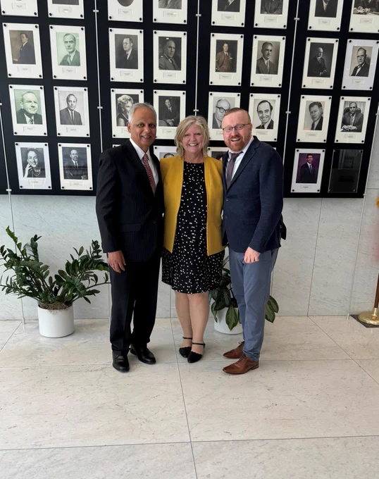 A photo of Dr. Pramod Dwivedi, Linn County Public Health Director and 2023-2024 NACCHO Board President; Lori Freeman, NACCHO Chief Executive Officer; and Christopher Paquet, NACCHO Chief Operating Officer at the NYC Department of Health and Mental Hygiene.