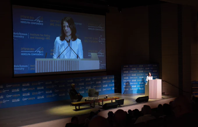 Copyright / Picture Alliance  - Foreign Minister Baerbock at the Herzliya Conference in Tel Aviv, Israel. The Foreign Minister speaks in an auditorium.