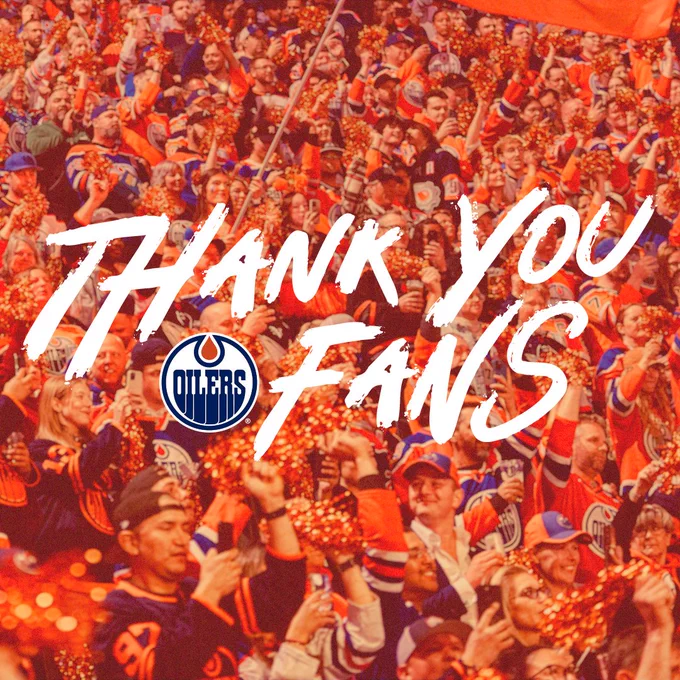 A photo of a bunch of Oilers fans with an orange overlay that says "THANK YOU FANS"