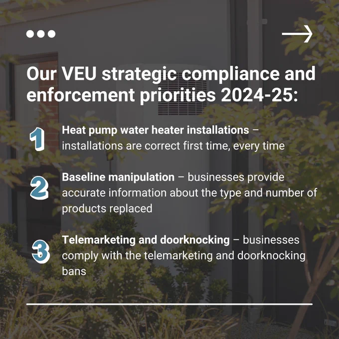 Our VEU strategic compliance and enforcement priorities 2024-25:

1. Heat pump water heater installations – installations are correct first time, every time

2. Baseline manipulation – businesses provide accurate information about the type and number of products replaced

3. Telemarketing and doorknocking – businesses comply with the telemarketing and doorknocking bans