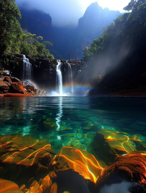 realistic photo of a beautiful waterfall in the deep jungle, reflected rainbow, cinematic, serene landscape --ar 3:4 --style raw --sref 14081975::2 2454215926::3 --p a59ln1m --s 500
