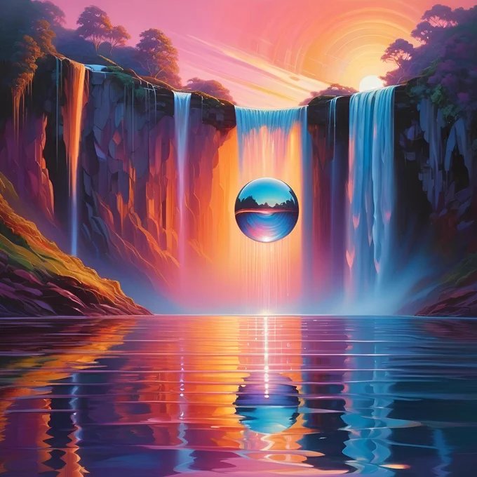 abstract paintings of a sunset, waterfall with a ball, in the style of dreamlike and conceptual illustration, soft holographic colors, calming symmetry, reflections
