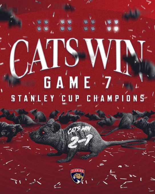 Red background graphic with sixteen black plastic rats in the center. On it, it has silver writing that reads "Cats win 2-1.”

Above the rat, it says: “Stanley Cup Champions”

At the top it says "Cats win game 7” in white, capital letters.

There's 16 silver shields at the top with sixteen filled in to indicate our wins in the playoffs.

Silver confetti is falling throughout the graphic and rats are also falling from above.
