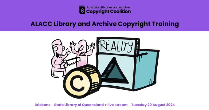 A cartoon with two people standing in front of a box with a triangular hole in it with a sign above it that reads 'Reality'. In front of the box a cylinder with the copyright symbol is sitting. One of the people is holding a hand saw.