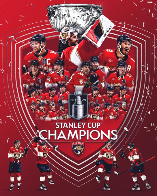 Red gradient background. In the center, there are the outlines of several silver shields. At the very top, is the bowl of the Stanley Cup.

Below that, working left to right, are Aleksander Barkov, Sergei Bobrovsky, and Matthew Tkachuk on the first line. On the second line are Anton Lundell, Sam Reinhart, Gustav Forsling, Sam Bennett, and Eetu Luostarinen. On the third line are Ryan Lomberg, Kevin Stenlund, Dmitry Kulikov, Niko Mikkola, Brandon Montour, Oliver Ekman-Larsson, and Kyle Okposo. On the fourth line are Tobias Bjornfot, Uvis Balinskis, Anthony Stolarz, Josh Mahura, Steven Lorentz, Nick Cousins, Jonah Gadjovich, and Spencer Night.

In the center is the 2024 Stanley Cup logo and below that it says: “Stanley Cup Champions” with the Panthers shield directly below.

At the bottom of the graphic, in celebratory cutouts, are Carter Verhaeghe, Vladimir Tarasenko, Evan Rodrigues, and Aaron Ekblad.