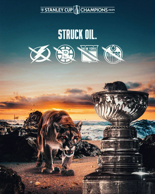 On a beach, a Panther marches towards the Stanley Cup. In the ocean behind it, far in the distance, is an oil rig. 

Inside of the Stanley Cup sits a rat. The sun is setting in the background. 

At the top is the Florida Panthers 2024 Stanley Cup Champions logo.

Below that: “STRUCK OIL.” In a white font.

Below that are the Lightning, Bruins, Rangers, and Oilers logos with a white line through them.