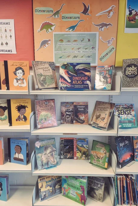 Back wall in children's library with three bays of four shelves. Only the middle bay is clearly seen which is full of dinosaur fact books and poster of different dinosaurs above.