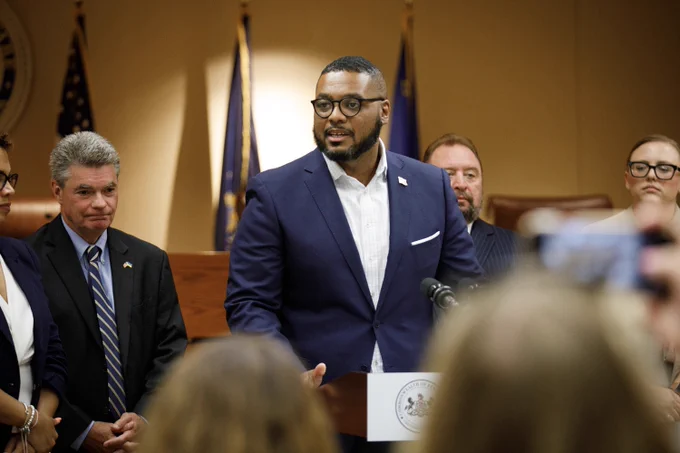 Lt. Governor Austin Davis provides remarks in Delaware County related to Shapiro-Davis gun violence-related budget investments.