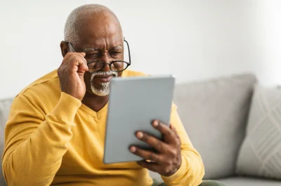  Image shows a man, wearing glasses whilst sitting on the sofa looking at a tablet he’s holding.