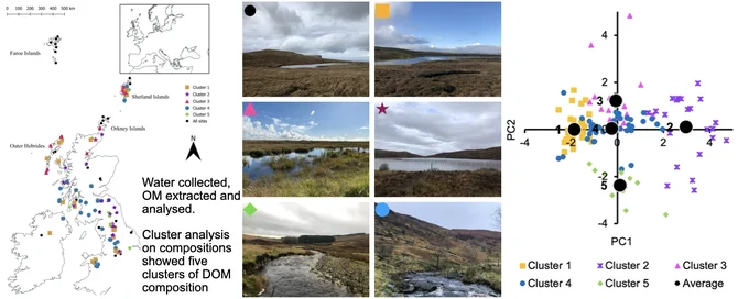 Graphical abstract of the manuscript, showing a map if site locations in the UK and Faroe Islands, thumbnail photos of six sites, and a graph of results showing clusters of DOM compositions