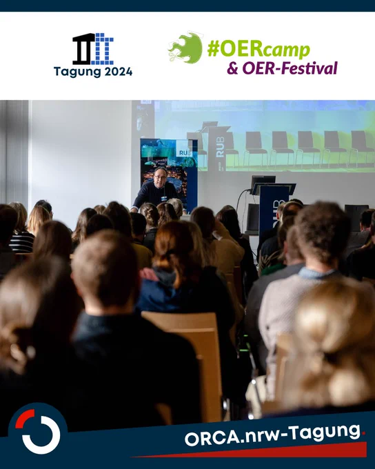 Dr. Joachim Preusse bei der ORCA.nrw-Tagung. Darüber das Tagungs-Logo sowie das Logo des OERcamp