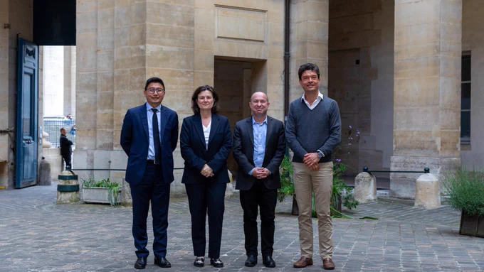 Président(e)s des établissements membres de Sorbonne Alliance : Léon Laulusa (ESCP), Nathalie Drach-Temam (Sorbonne Université), Daniel Mouchard (Université Sorbonne Nouvelle) et Jean-François Huchet (Inalco) © Pascal Levy‎