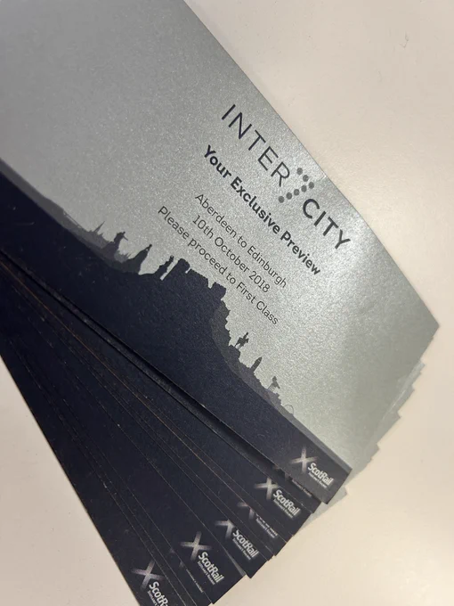 A selection of silver tickets stating: Inter7City your exclusive preview. Aberdeen to Edinburgh 10th October 2018. Please proceed to First Class.