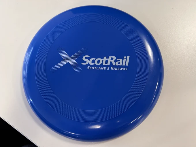 A blue ScotRail frisbee.