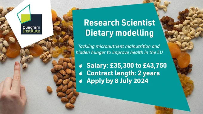 A social card with an image of seeds and dried fruit arranged in a map of the world shape. There is the text "Research Scientist Dietary modelling. Tackling micronutrient malnutrition and hidden hunger to improve health in the EU. Salary: £35,300 to £43,750, Contract length: 2 years, Apply by 8 July 2024"