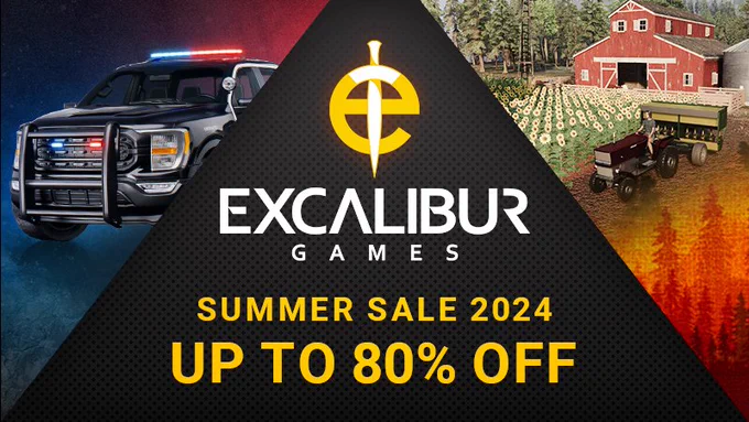 A promo image for the Excalibur Games Summer Sale 2024, which features the Excalibur logo, the text 'Up to 80% off' and an image of a police car from Flashing Lights and a tractor, a barn and some crops from Ranch Simulator.