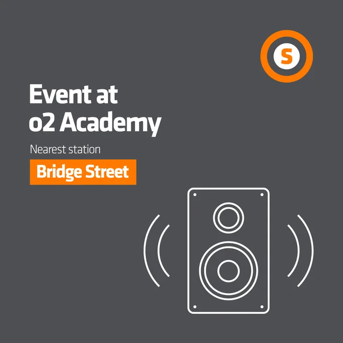 Image depicts an icon of a speaker along with text which informs of event taking place at the o2 Academy Glasgow with the nearest Subway station being Bridge Street.