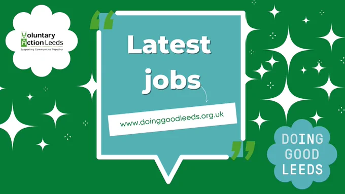 image is green with white stars and blue box on.  text in box states latest jobs.