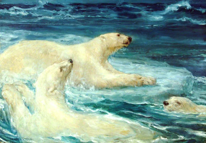 Painting of polar bears in water, leaning on ice shards