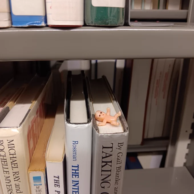 a tiny plastic baby on top of a book on a bookshelf