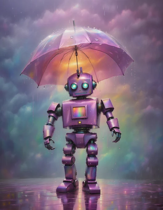 (robot in the rain with an umbrella) in Euphoric Embrace, an uplifting moment in mauve iridescent clouds with diamond glimmers of radiant rainbow colors shimmering brilliantly