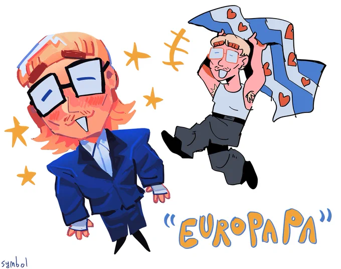 two digital drawings of joost klein. the one on the left is him as he appears in the "europapa" music video. he is smiling and has a warped downwards perspective. around him are four yellow stars. the one on the right is him as he appears on the fryslân album cover. he is smiling and waving the flag of friesland in the air while excitedly running. on the bottom right is the handwritten text "EUROPAPA". the text is yellow and has a blue border around it.