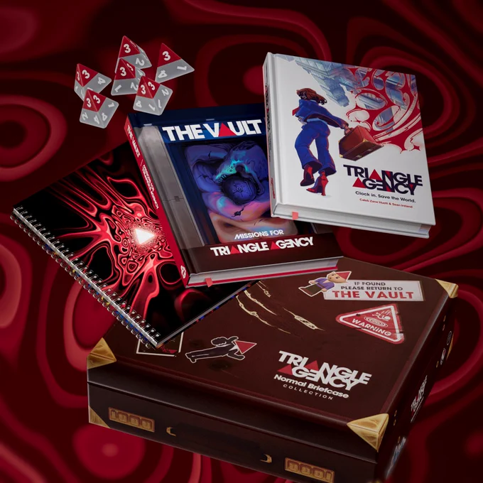 The Triangle Agency Normal Briefcase Collection all together: Rulebook, The Vault: Missions for Triangle Agency, The Triangle Agenda, six four-sided dice, and the Normal Box. The Triangle Agency cover features a figure in a casual business suit walking away with a briefcase that's shining with magic red light. The Vault cover shows a strange door in the shape of a petrified, snake-like creature. The Triangle Agenda cover looks like a strange tunnel of marbled red light ending in a glowing triangle. The box looks like the briefcase from the Triangle Agency cover, but torn with use and covered in stickers.