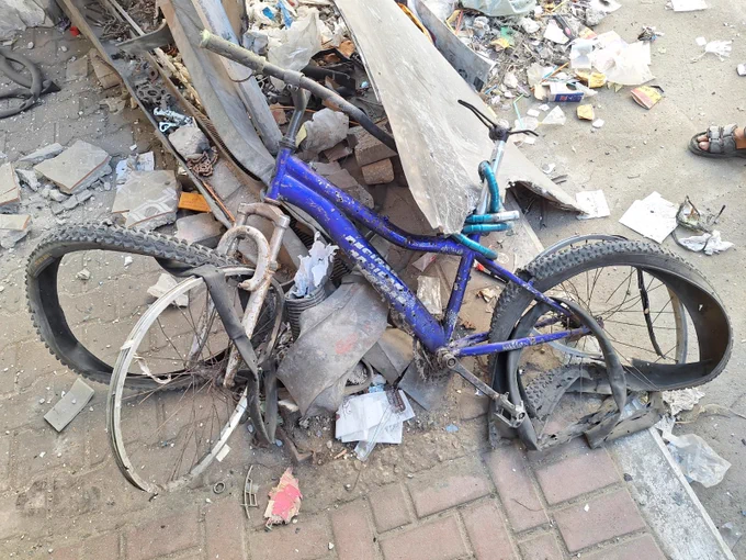 The remnants of the bike of MSF physiotherapist Fadi Al Al-Wadiya, who was killed in an attack on his way to work at the MSF clinic in Gaza City this morning. 25 June 2024