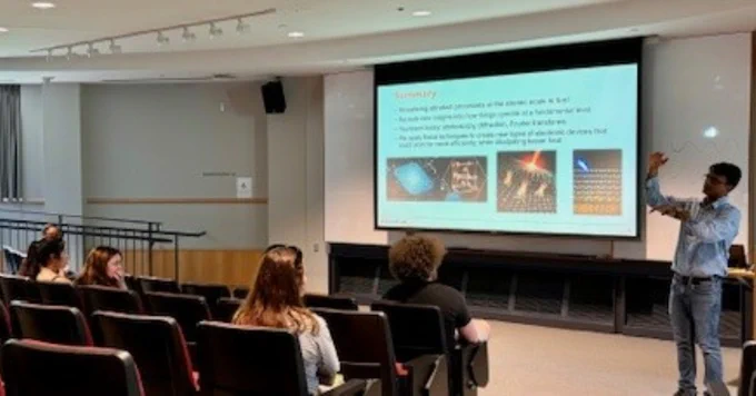 Prof. Sood delivers a seminar on 'Materials in Motion' to REU students.