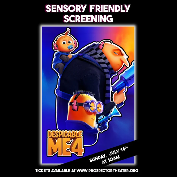 A Despicable Me 4 poster sits on a black background surrounded by text with details about the event.