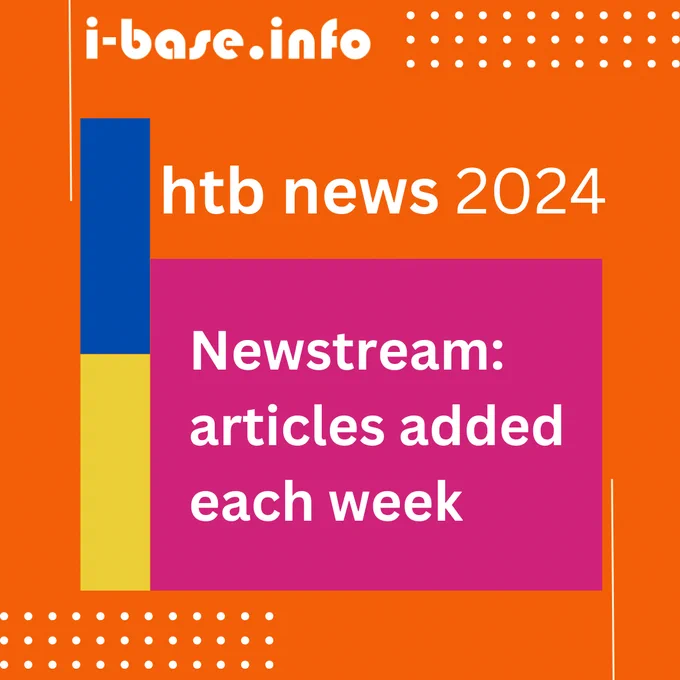 i-Base graphic: this image has an orange background with white text that reads: i-base dot info. HTB news 2024. Newstream: articles added each week. This last sentence is on a dark pink background and there are blue and yellow rectangles to the left.