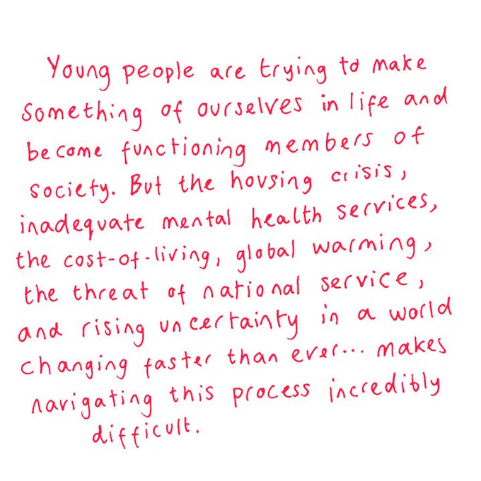 Young people are trying to make something of ourselves in life and become functioning, independent members of society, but the housing crisis, inadequate mental health services, the cost of living crisis, global warming, the threat of national service, and rising uncertainty in a world changing faster than ever, makes navigating this process incredibly difficult.