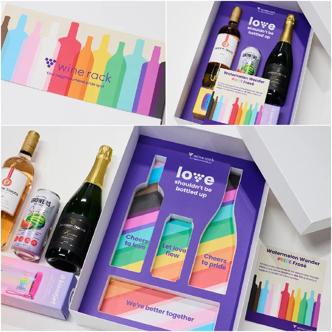Four images displaying a collection of wine bottles from "Wine Rack" in colorful promotional boxes. The first image shows boxes with rainbow stripes and silhouettes of wine bottles, the second features two bottles with a label reading "Watermelon Wonder" and "Cheers to Love, Cheers to Pride", the third image has a bottle labeled "Cheers to Love, Cheers to Pride", and the last image shows an open box with a bottle named "Watermelon Wonder PRIDE Edition" alongside vibrant, colorful graphics and the text "We're better together".