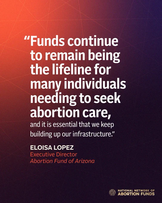 Red and purple graphic that reads "“Funds continue to remain being the lifeline for many individuals needing to seek abortion care, and it is essential that we keep building up our infrastructure.” 