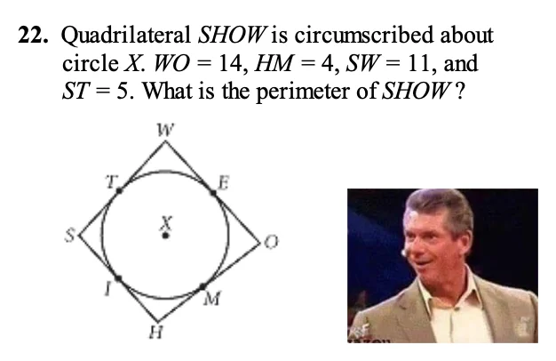 More impressed - an image of a quadrilateral circumscribed around a circle with point labels and dimensions given.