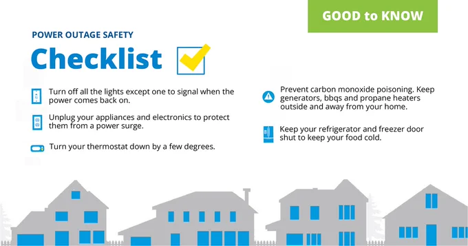 Power Outage Safety Turn off all the lights except one to signal when the power comes back on. Unplug your appliances and electronics to protect them from a power surge. Turn your thermostat down by a few degrees. Prevent carbon monoxide poisoning. Keep generators, bbqs and propane heaters outside and away from your home.  Keep your refrigerator and freezer door shut to keep your food cold.