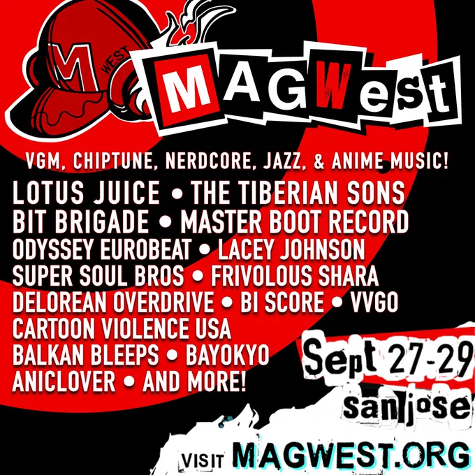 A photo features the MAGWest Main Stage music lineup. A list of the performers sits above the event dates, Sept 27-29, and the event location, San Jose. Visit magwest.org rests at the bottom.