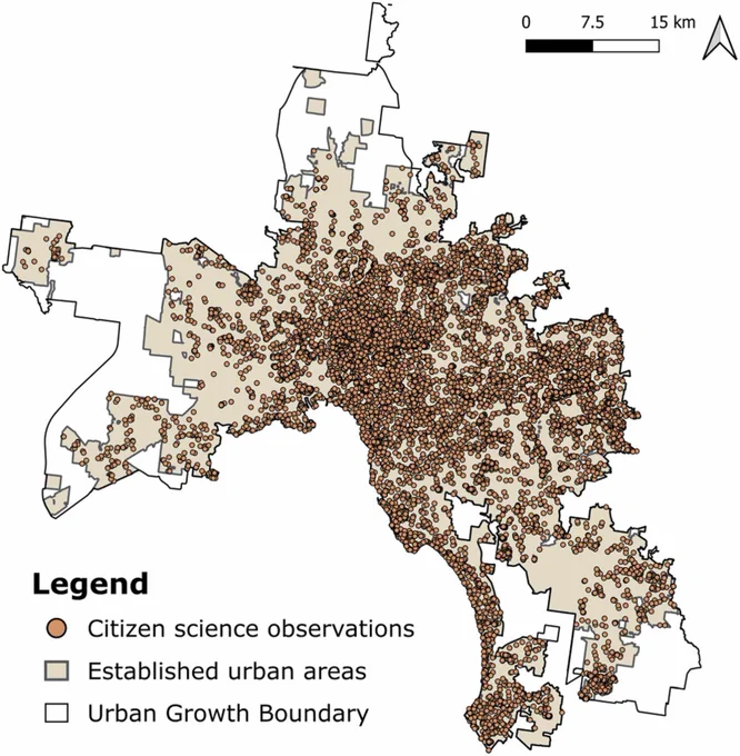 Map of the extent and distribution of citizen science observations across the Greater Melbourne Case Study, showing observations to be relatively evenly dispersed across the urban landscape.
