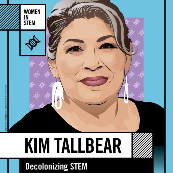 Colour illustration of Kim Tallbear on a blue and purple background. She is smailing, has grey and brown hair, dark eyes, and is wearing beaded earrings.