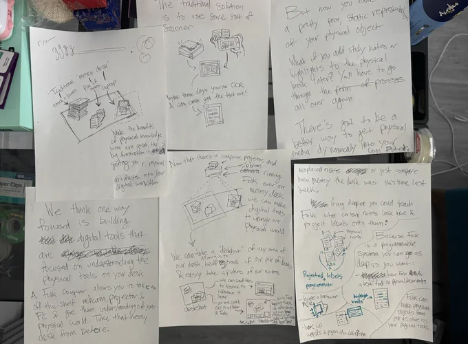 six pages of notes explaining how a messy desk could be augmented with Folk Computer to make it easy to do things like upload physical notes to the cloud but also perform programmatic operations like text highlighting on physical notes on a messy table
