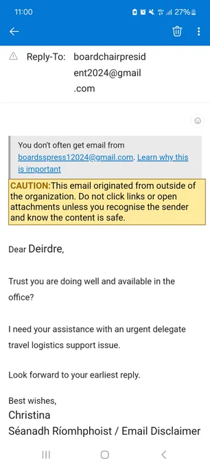 Screenshot of Spam email - from a generic Gmail account rather than the correct email address. The font is different sizes - showing this was a personalised attack. 