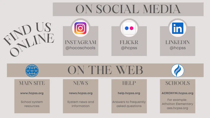 graphic: Find Us Online. On Social Media. On The Web. Each box includes a link to the applicable platform and the username or web address. Details can be found at https://news.hcpss.org/follow/