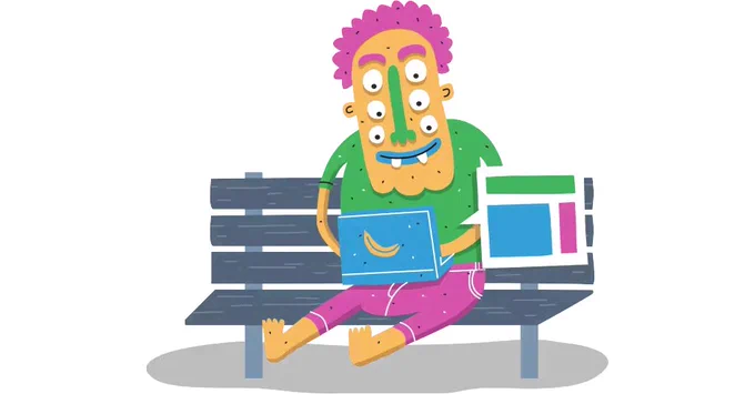 Comic-style illustration of a six-eyed humanoid sitting on a bench using a laptop. If you're wondering, his name is Herman.