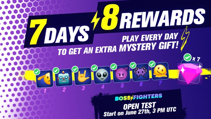 Promotional graphic for "BOSS FIGHTERS" game featuring a 7-day reward scheme with icons for daily rewards and an additional mystery gift. Text announces an open test starting on June 27th, 3 PM UTC. Bright yellow and blue design with lightning bolt graphics.