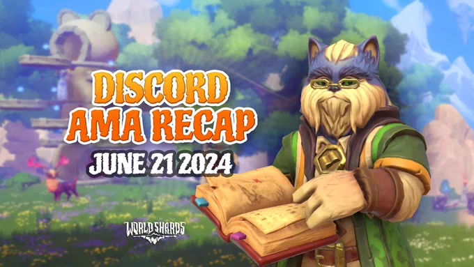 Illustration of an anthropomorphic wolf character in glasses, holding an open book, in a vibrant, fantastical landscape. Text overlay states "DISCORD AMA RECAP, JUNE 21 2024, WORLDSHARDS.