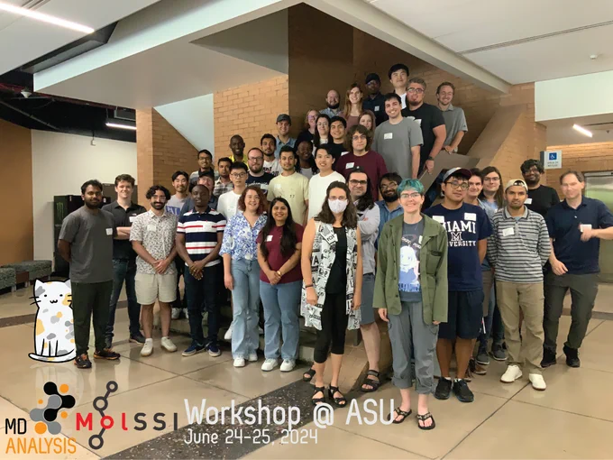 Group photo from the MDAnalysis/MolSSI Workshop @ ASU June 24-25 2024.