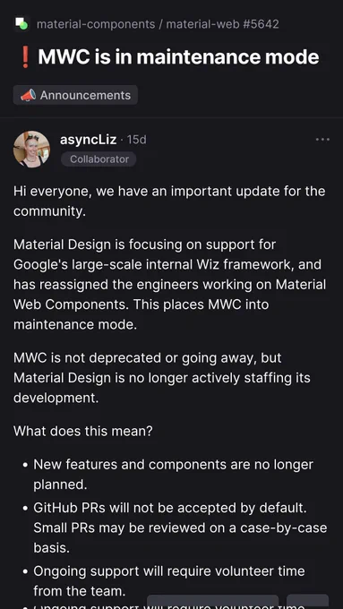 Material Web Components is in maintenance mode