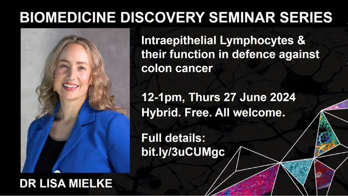 𝗦𝗽𝗲𝗮𝗸𝗲𝗿: Dr @Mielke_Lisa @onjcri @LIMSLTU
𝗧𝗼𝗽𝗶𝗰: Intraepithelial Lymphocytes & their function in defence against #ColonCancer
𝗪𝗵𝗲𝗻: Thu 27 June 12-1pm
𝗛𝗼𝘀𝘁: A/Prof @MeredithKeeffe
Hybrid: Details bit.ly/3uCUMgc