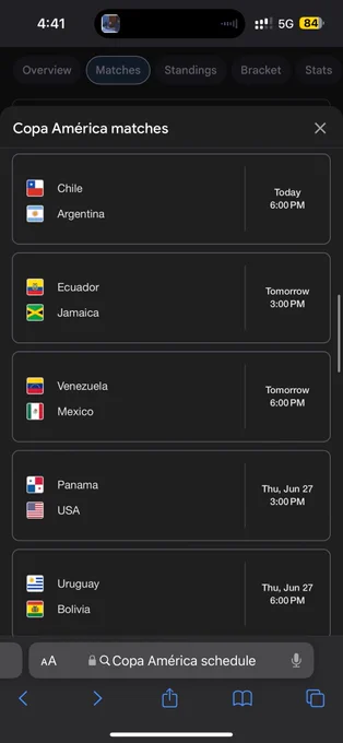 A table with information regarding the upcoming Copa América matches.